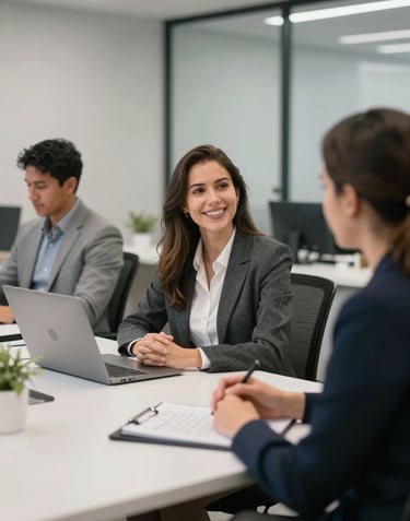 A professional and welcoming scene of real estate consultants in a modern Brazilian office with clean white desks and light gray decor, exuding trust and sophistication.