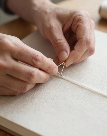 A macro photograph of a craftsman's hands carefully threading a needle through a heavy linen book cover. The scene is calm, featuring natural light and a palette of warm beige and off-white.