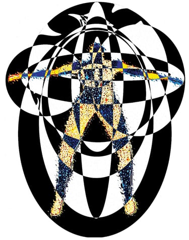 Pop art.social commentary of person being pulled in many directions by strong forces 