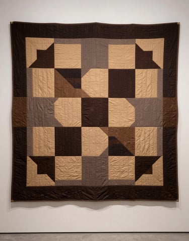 A wide, professional photograph of a large, modern quilt hanging on a soft off-white gallery wall. The quilt features a complex geometric pattern using blocks of dark espresso, muted taupe, and warm sand fabrics.