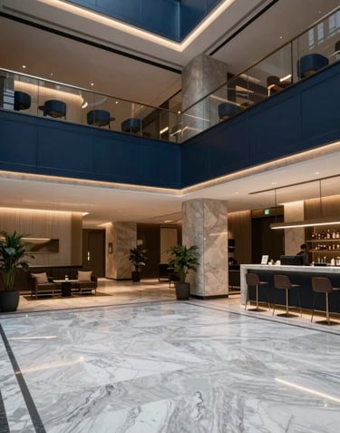 A wide-angle, bright photograph of a modern, upscale North American / NYC hotel lobby with light gray marble floors and dark navy blue decor accents.