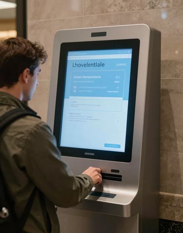 A clean, eye-level photograph of a tourist using an interactive digital kiosk in a sunlit North American / NYC hotel lobby. The kiosk screen glows with a sky blue interface.