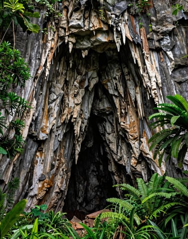 Landscape photography of the entrance to a cave in the Amazonian jungle similar to Cueva de los Tayos, limestone cliffs, dense tropical foliage, South American setting.