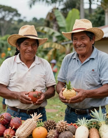 Photography of Ecuadorian farmers in the Oriente smiling while presenting local agricultural products, lush tropical background, warm community atmosphere.