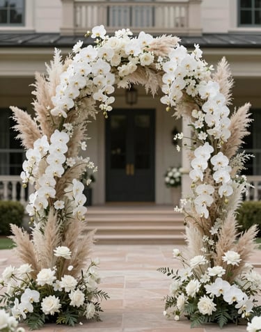 A wide, artistic shot of a luxurious floral installation over a wedding altar. Cascading white orchids and dried pampas grass create a timeless and ethereal arch against a soft-focus background of a classic North American / US estate.