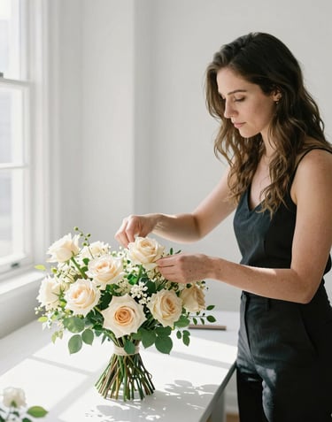 A professional wedding designer in a sunlit, white-walled studio, carefully placing a cream-colored rose into a large, sophisticated floral arrangement. The setting is clean and airy, emphasizing a North American / US luxury atelier vibe.