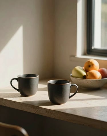 An inviting interior shot of a sunlit breakfast nook with charcoal ceramic mugs and a bowl of fruit, cinematic lighting, warm atmosphere.