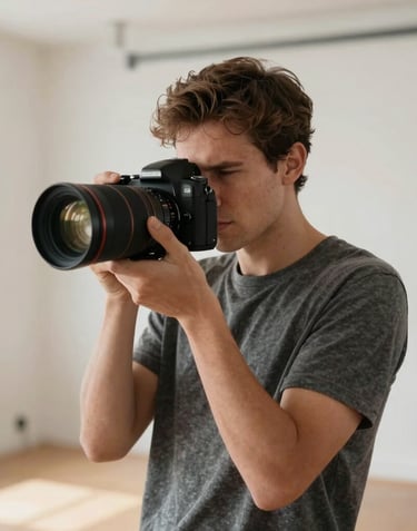 A minimalist, high-quality portrait of a professional photographer in a bright, modern studio with clean lines and a warm, human feel. North American / Canadian aesthetic with soft, natural lighting.