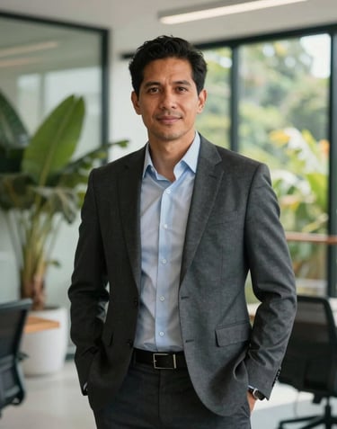 Professional portrait of a male consultant in executive business attire, standing in a contemporary office space in Costa Rica with tropical plants in the background. Natural morning light, trustworthy mood.