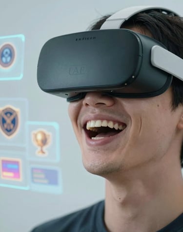 A close-up photograph of a person in the United States laughing while wearing an XR headset, with blurred holographic game elements like badges and trophies floating in the foreground. Professional lighting with light blue tones.