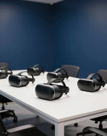 A professional interior photograph of a modern tech office in North America with several VR headsets neatly arranged on a minimalist white table. The walls are a deep navy blue and the room is filled with bright, diffused light.