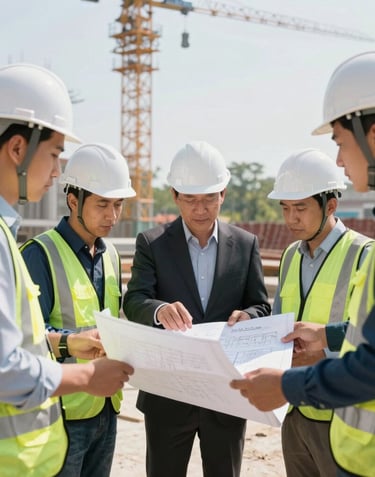 Professional group of Vietnamese engineers in white hard hats discussing plans over a blueprint on a bright, sunny construction site, dynamic and innovative mood.