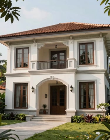 An elegant architectural shot of a modern villa featuring French-inspired design elements, integrated into a lush Southeast Asian / Vietnamese garden environment.