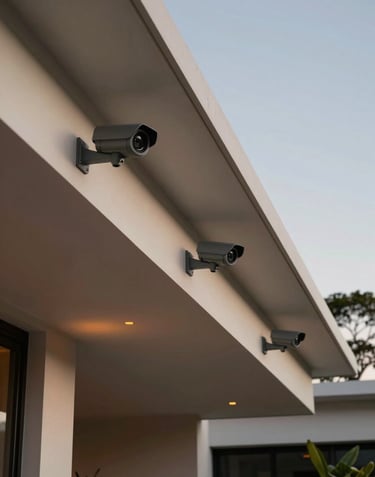 A wide-angle, cinematic shot of a luxury South American / Brazilian residence at dusk. Visible outdoor security cameras in charcoal gray are strategically placed under the off-white eaves, with subtle orange LED indicators.
