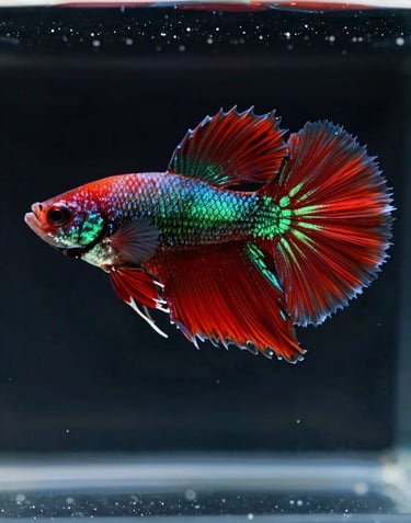 A stunning, professional photograph of a rare, vibrant Betta fish swimming in a crystal clear aquarium, highlighted by dramatic lighting that showcases the deep crimson and forest green tones of its scales.