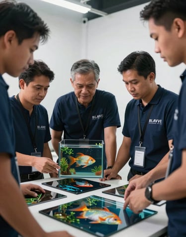 A group of Southeast Asian / Filipino team members collaborating in a bright, modern studio, looking over high-quality photography of ornamental fish for a digital catalog.