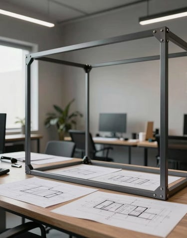 Architectural studio in Brazil with designers working on technical drawings for custom metal structures. Sophisticated, clean office environment with graphite accents.