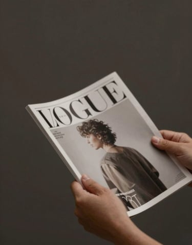 A cinematic shot of a person's hands holding a high-end magazine, motion blur in the background, spontaneous feeling. Lighting is moody and sophisticated, with a color palette emphasizing #3A3F3B and #C1C4BF.