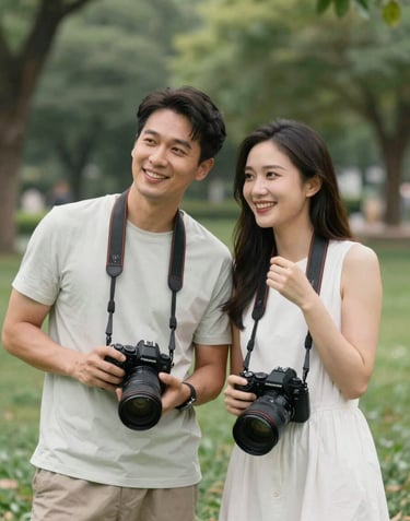 A warm and inviting portrait of a professional photographer couple working together in a North American / US park. They are dressed in soft off-white and sage green tones, holding cameras and smiling, captured in a clean and artistic style.