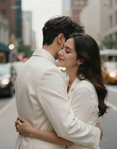 A couple embracing during a candid moment in a North American / US urban setting, blurred city lights in the background, sophisticated and heartfelt, Warm Off-white lighting.