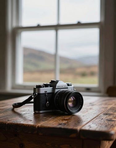 A moody still-life photograph of a vintage cinema camera resting on a rustic wooden table in a Scottish highland lodge, lit by soft cloud white window light.