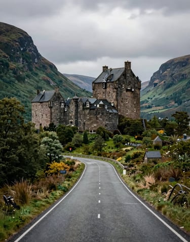 A cinematic wide shot of a winding road leading towards a majestic historic castle in the Scottish Highlands, surrounded by deep forest green hills.