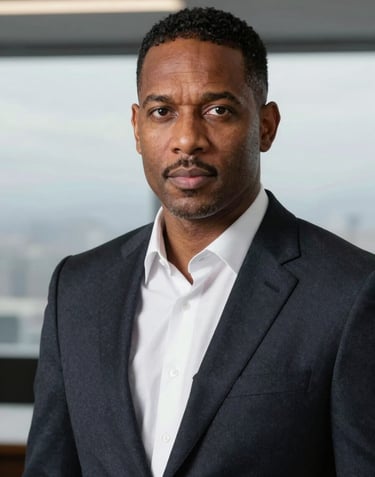 A professional portrait of George Byrd, a man with a focused and intelligent expression. He is wearing a dark charcoal navy suit jacket over a crisp white shirt. The background is a blurred office environment with silver mist and pale arctic sky tones, creating a clean, high-competence corporate look.