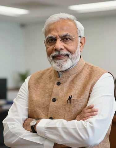 A dignified, professional portrait of a South Asian / Indian political leader in a formal setting, representing the green energy mission of Uttarakhand. The background is a clean, modern office with soft lighting.