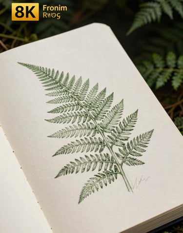 A close-up photograph of a hand-sketched botanical drawing of a fern on textured cream paper. The drawing uses thin, elegant lines and is set against a dark forest green background.