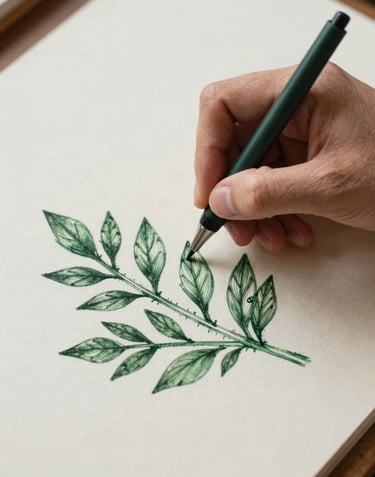 A top-down photograph of an artist's hand using a fine-tipped pen to draw intricate leaf patterns on textured paper. The palette includes dark forest green ink and a creamy off-white background. The scene feels quiet and focused.