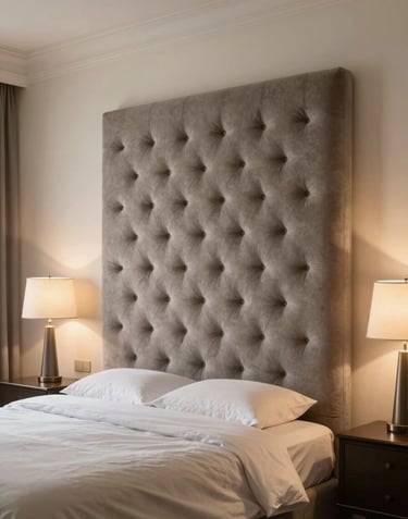 An elegant master bedroom featuring a tall tufted headboard in warm muted grey, creamy off-white walls, and soft ambient lighting from designer lamps. The atmosphere is tranquil and premium.