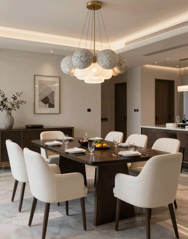 A grand, modern dining room in a high-end Cairo apartment. A long dark espresso dining table is surrounded by chairs in creamy off-white upholstery, under a contemporary chandelier with soft stone grey accents.