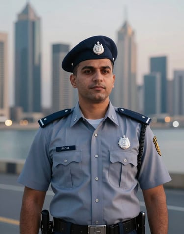 A portrait of a Dubai Police officer in a formal dress uniform, standing with pride against the backdrop of a modern skyline at dusk. Professional and authoritative lighting with #0A1128 and #B28F5D color motifs.