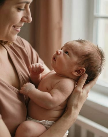 Close-up of a mother holding a newborn baby near a window, soft light hitting their faces. The nursery is decorated in muted terracotta and beige tones, giving a sense of warmth and authenticity.