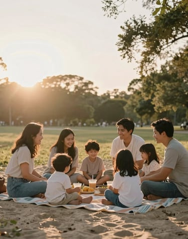 Wide shot of a family picnic in a US park, backlit by the setting sun, cinematic photography, genuine smiles and soft sand colors.
