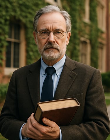 A medium shot of a distinguished professor standing in a North American campus courtyard with ivy-covered brick walls. They are holding a thick, well-crafted academic book. The style is professional and intellectual.