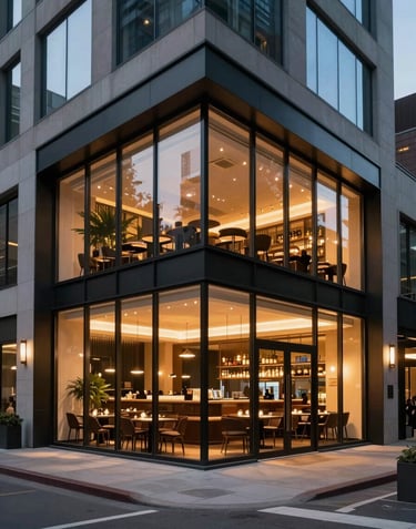 A luxury commercial building exterior in a North American metropolitan area at dusk. The architecture is modern with large glass windows showing a warm, cozy restaurant interior on the ground floor. Strategic lighting highlights the structure.
