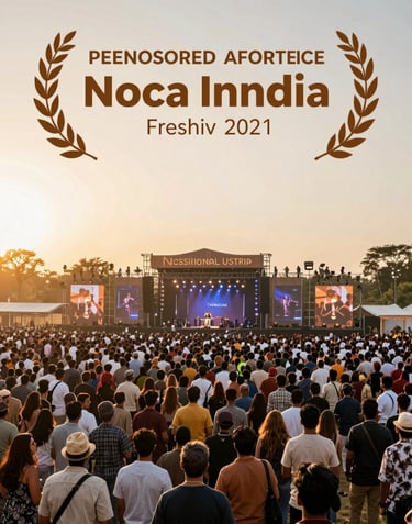 A panoramic photograph of a large outdoor music festival in India during sunset, with warm champagne and espresso brown tones in the lighting.