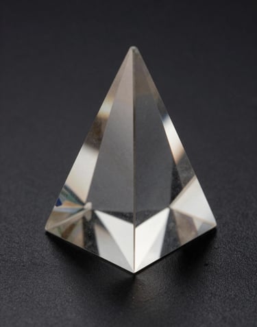 An extremely detailed photograph of a precision-cut industrial prism sitting on a matte black surface. Refracted light, soft silver highlights, Bureau-grade aesthetic.