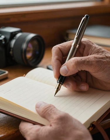 A close-up photograph of a seasoned hand holding an old fountain pen, writing in a leather-bound journal. The background is a soft-focus wooden interior, suggesting a North American coastal cabin or boat interior.
