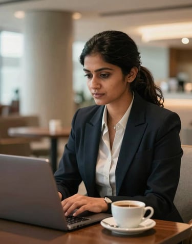 A professional South Asian female business executive sitting in a premium airport lounge, working on her laptop with a cup of coffee nearby, warm lighting, sophisticated B2B environment, realistic high-quality photography.