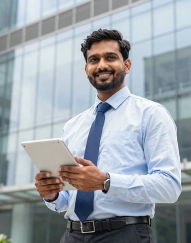 An Indian professional executive holding a tablet, standing in front of a modern glass office facade in Bangalore, smiling confidently, bright natural daylight, corporate professionalism, crisp photography.