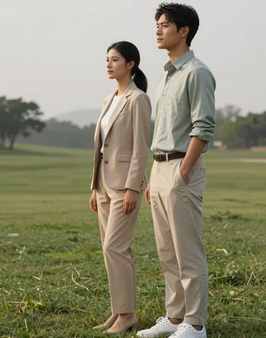 A lifestyle shot of a young professional couple standing on a green lot, looking towards the horizon with a sense of accomplishment. They are dressed in smart-casual attire in neutral tones like beige and sage.