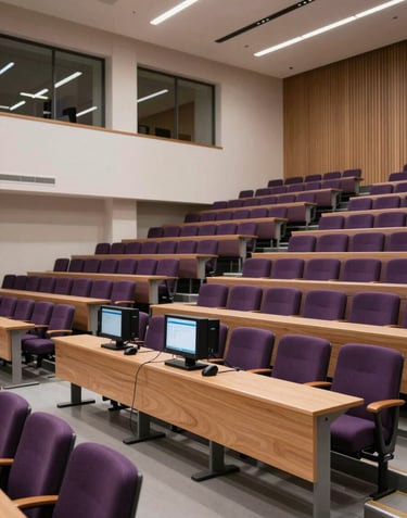 Clean, architectural photography of a modern lecture hall with deep purple seating and high-tech equipment, set in a North American / Global Professional academic building.