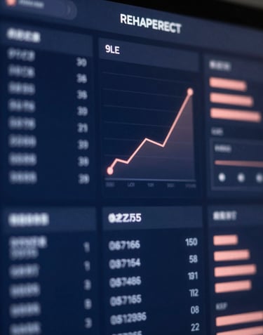 A strategic dashboard with glowing data points and growth indicators, sophisticated and tech-oriented, using brand colors navy (#1A2C3E) and rose (#D9BDB7).