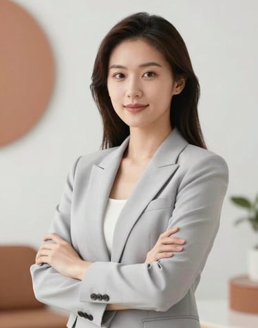 A professional and elegant portrait of a female consultant in a light gray (#F5F5F5) blazer, looking confident in a bright, modern studio with terracotta accents.