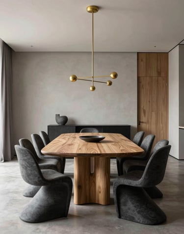 A stunning wide shot of a luxury dining room with a custom oak table, sculptural charcoal chairs, and a minimalist gold chandelier. International / High-end interior design.