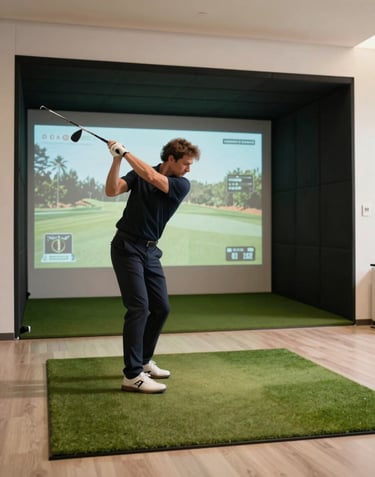 A wide shot of a man practicing his golf swing in a high-end simulator. He is wearing a dark navy polo, and the room is lit with warm, off-white highlights.