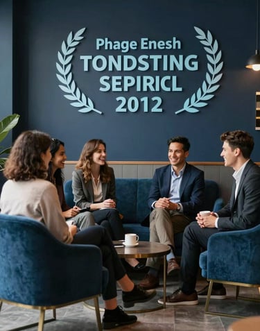 A group of young professionals laughing and socializing in a modern lounge area. The decor is a mix of steel blue furniture and dark navy walls with elegant light blue branding.