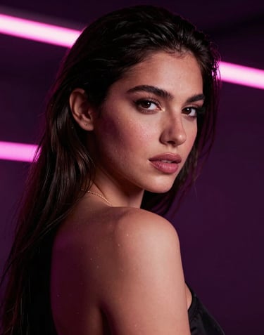 Seductive portrait of a gorgeous model looking confidently into the camera, neon pink light bars casting soft light across her, deep violet shadows, high-end dark aesthetic, Latin American / Global style.